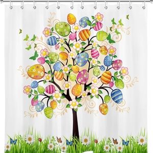 Easter Eggs Tree Fabric Shower Curtain Eggs Floral Flowers Butterflies 72W x 72H